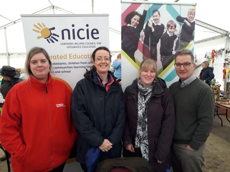 Parents from the Mid-Down area captured promoting Integrated Education with Alastair Rowan, NICIE Development Officer.